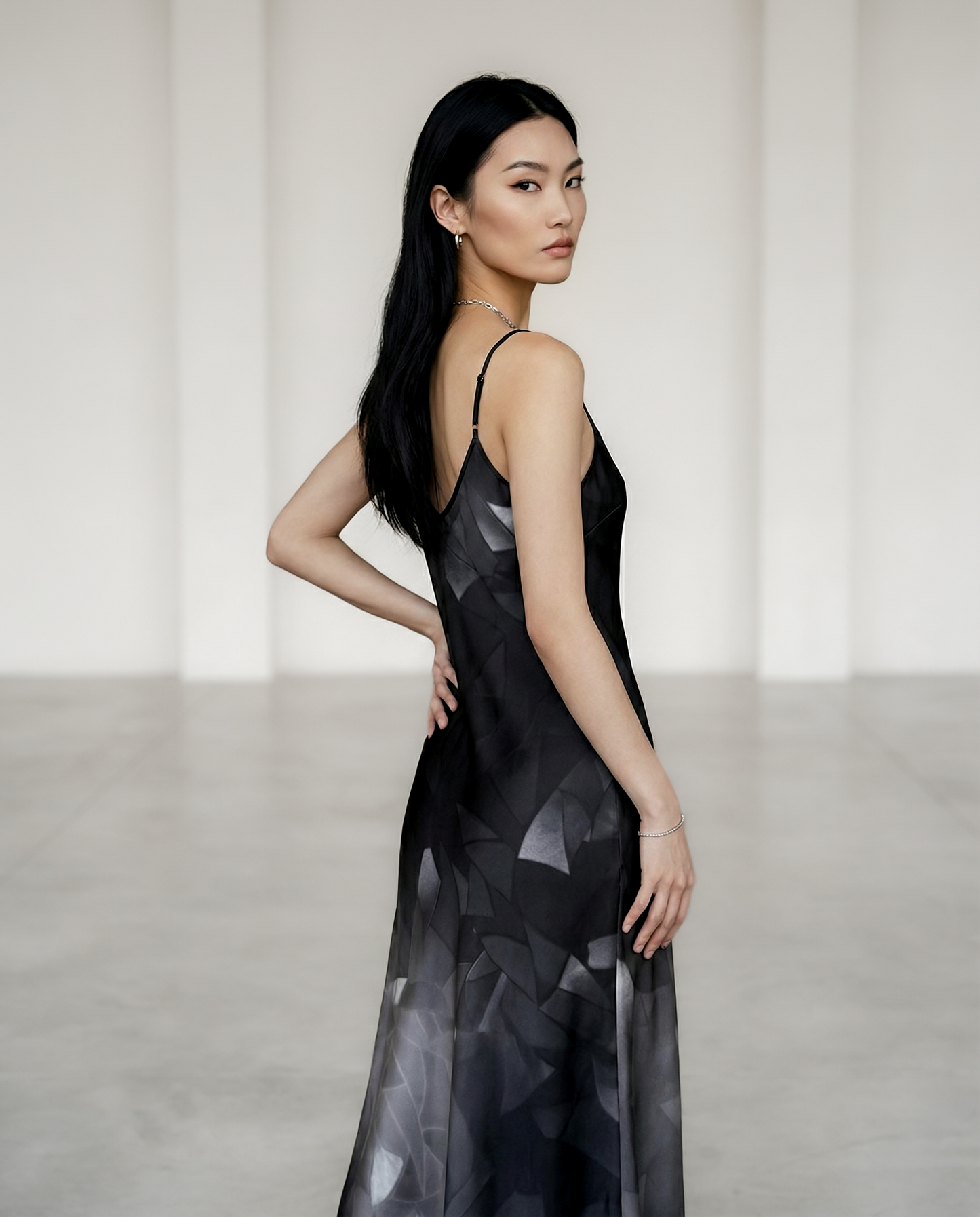 Silk slip dress, maxi: Fractal print