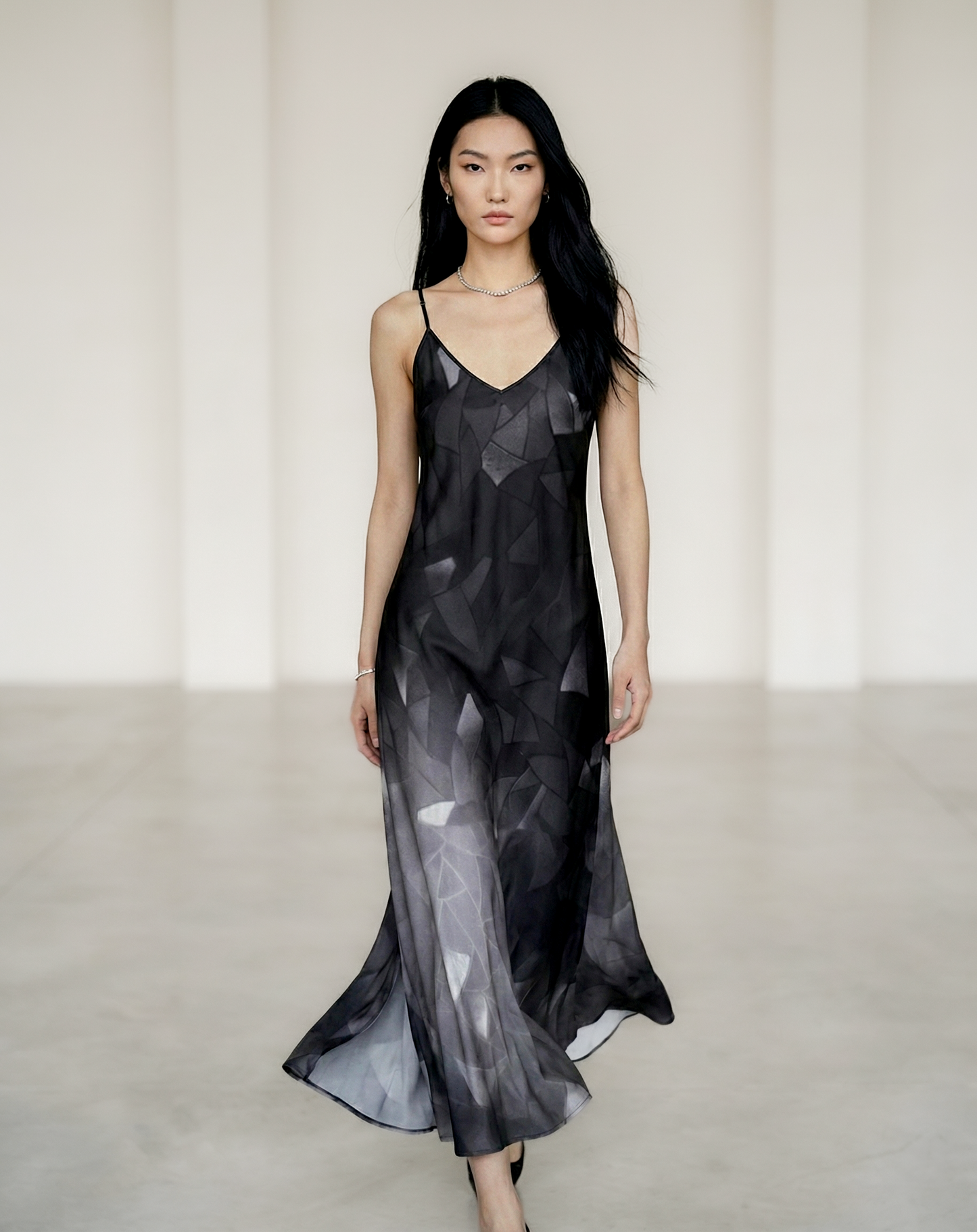 Silk slip dress, maxi: Fractal print