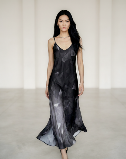Silk slip dress, maxi: Fractal print
