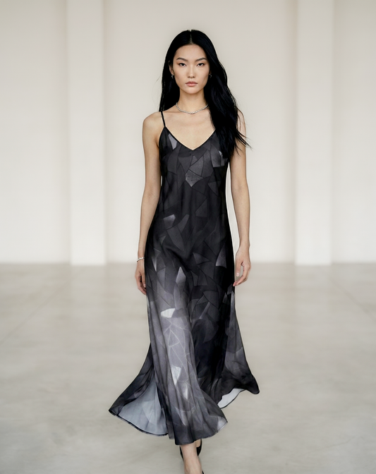Silk slip dress, maxi: Fractal print
