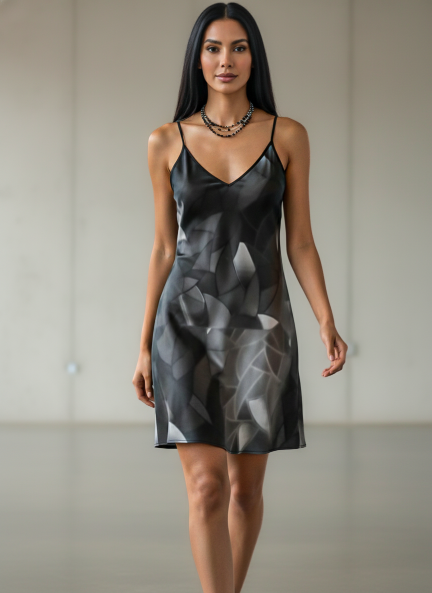 Silk slip dress, midi: Fractal print